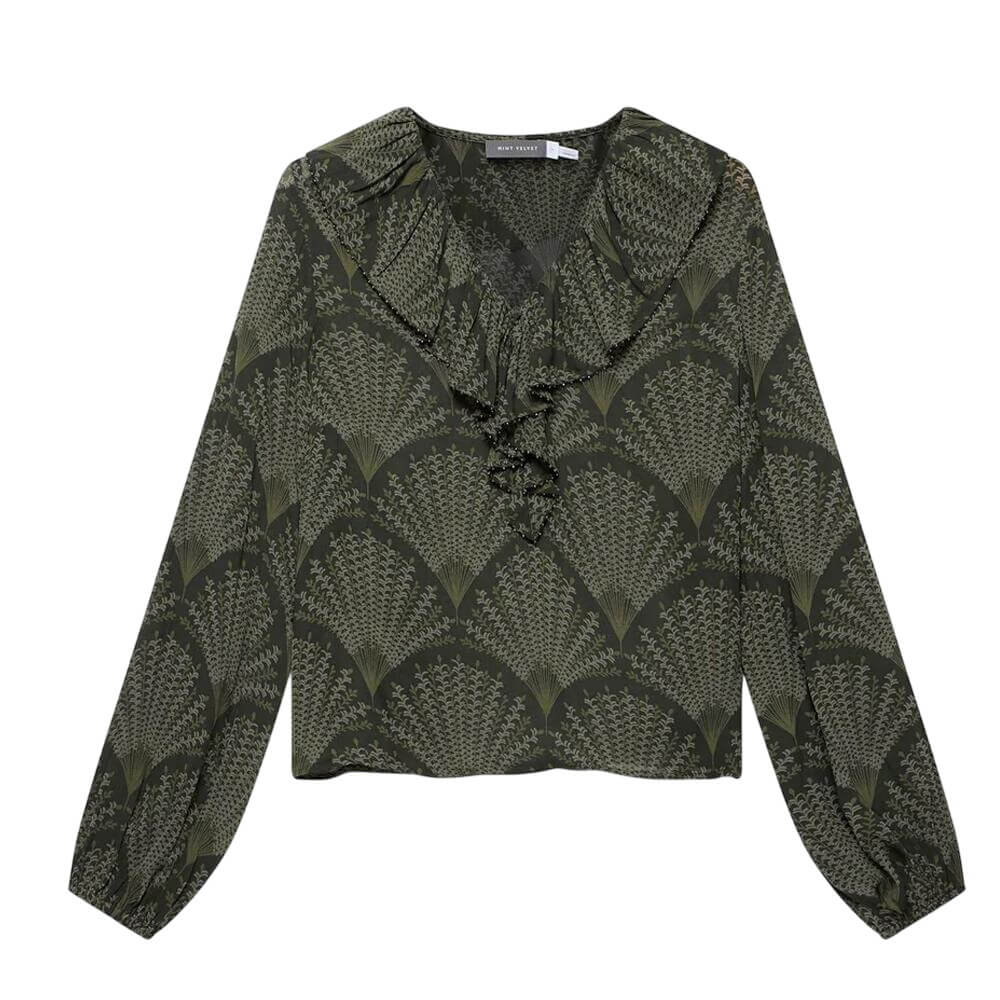 Mint Velvet Khaki Printed Long Sleeve Blouse